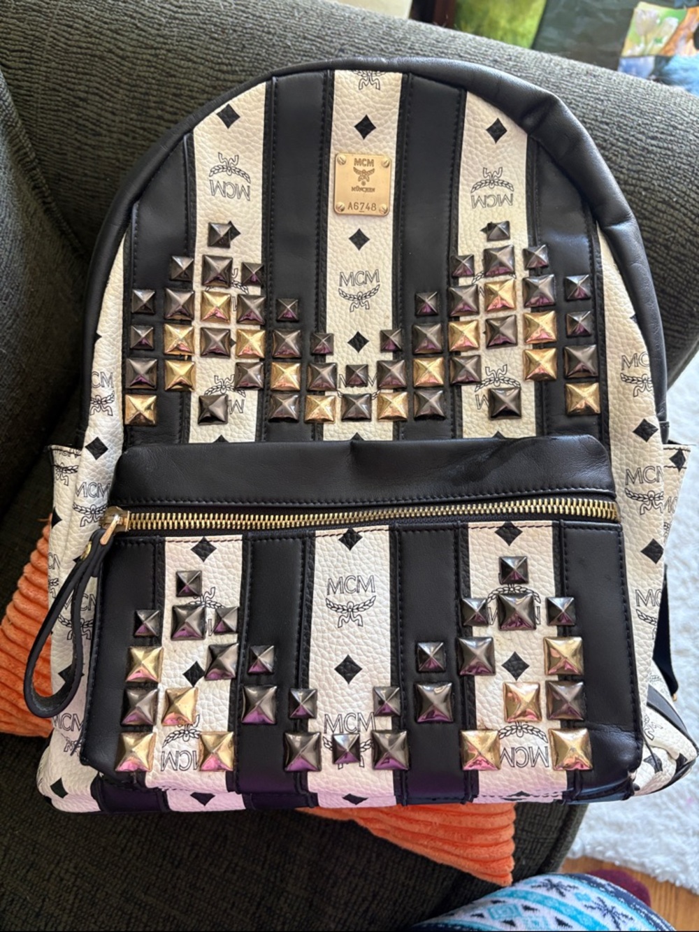 MCM Black and White Studded Logo Backpack